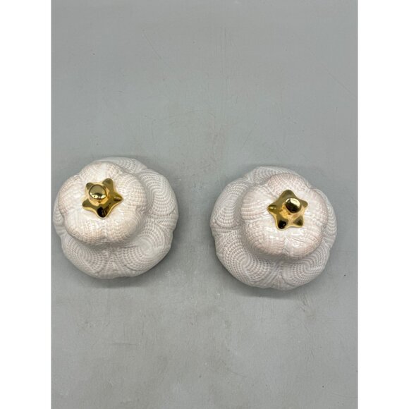 Decorative Ceramic Pumpkin set of 2 Halloween decor white gold top 6" READ - Picture 2 of 6